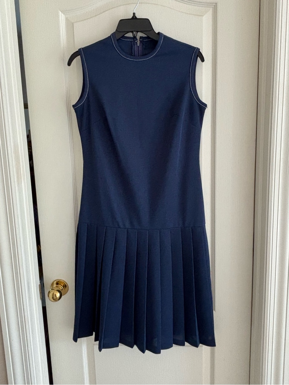 VINTAGE Handmade Sleeveless Navy Blue Pleated Hem Dress polyester knit sz M ?